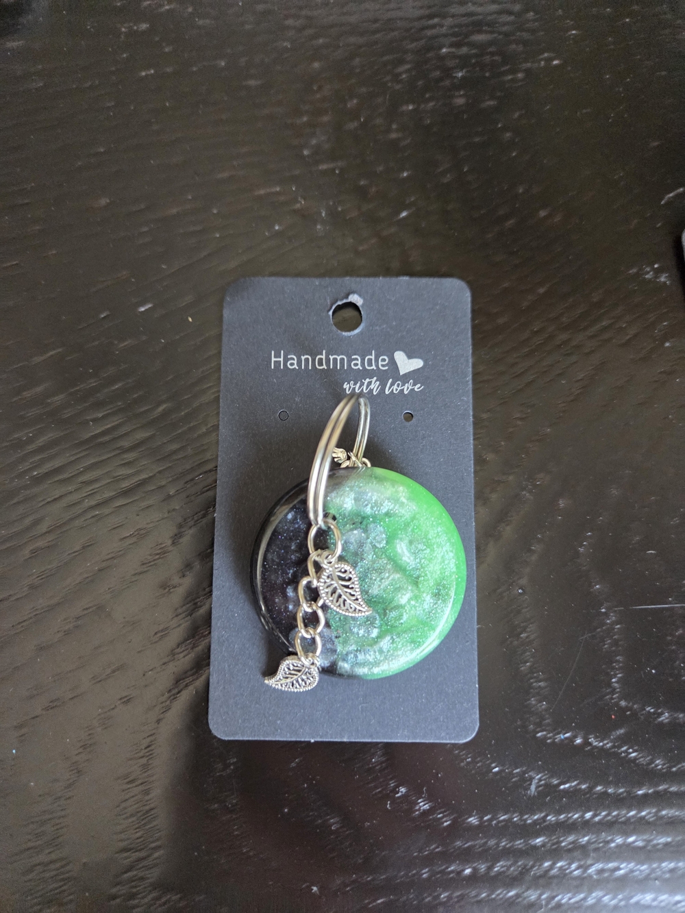 Handmade Green and Black Resin Moon Keychain with Leaf Charms